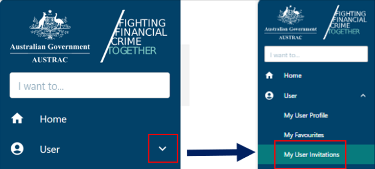 Down arrow next to a menu for expanding it, with My user invitations showing as a sub-menu 
