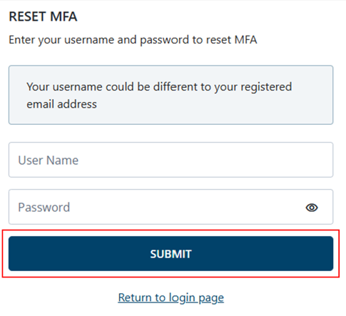 Reset MFA page with Submit button 