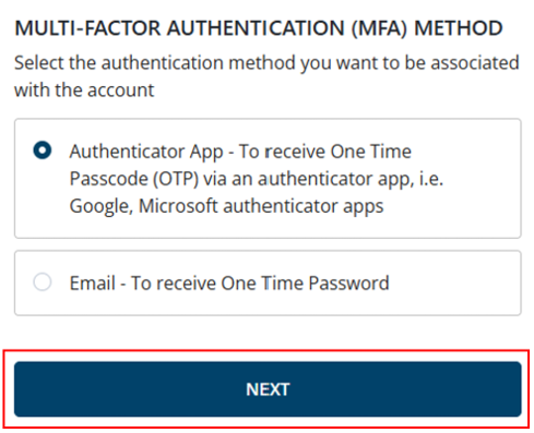 Multi-factor authentication method page, with authenticator app option selected, and a Next button 