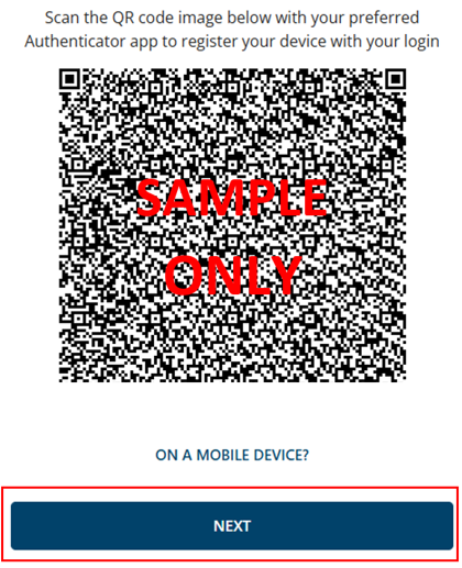 A QR code and Next button 