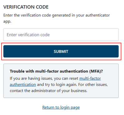 Verification code page and Submit button 