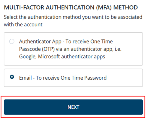 Multi-factor authentication method page, with email option selected, and a Next button 