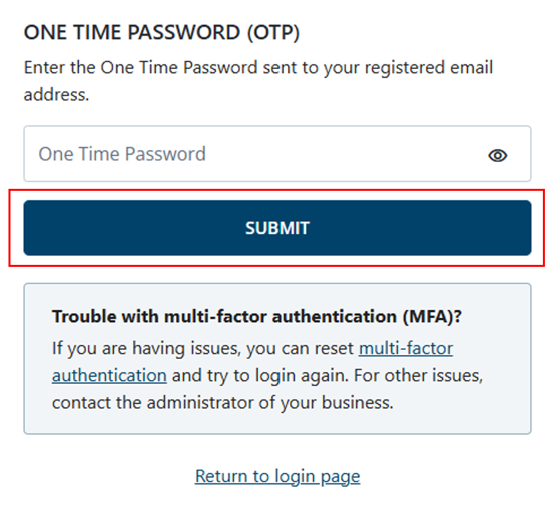 One time password page with Submit button 
