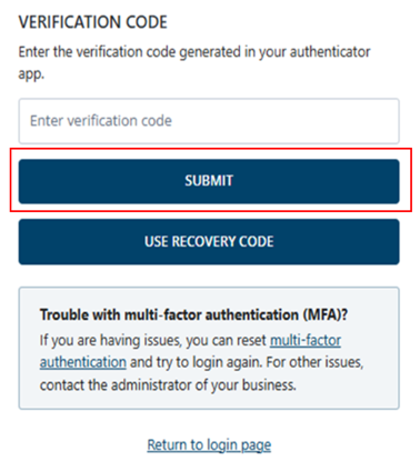Verification code page and Submit button 