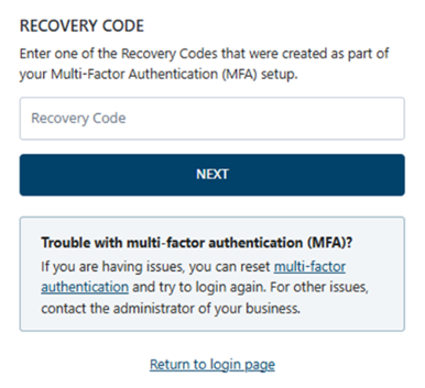 Recovery code page with an input field and Next button 