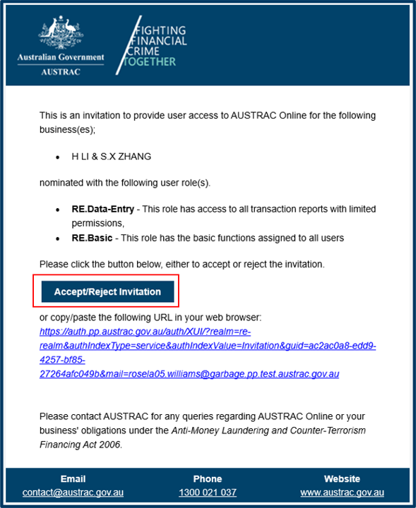 Invitation email to new AUSTRAC Online user, with button to accept or reject invitation