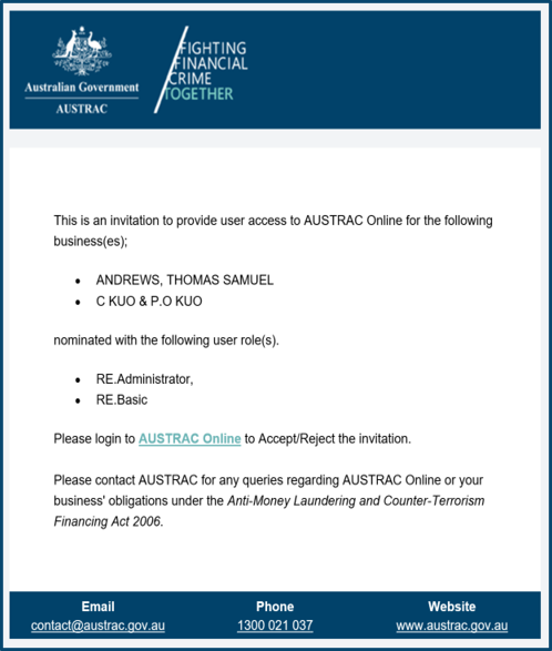 Invitation email to existing AUSTRAC Online user, displaying a list of businesses and user roles nominated 