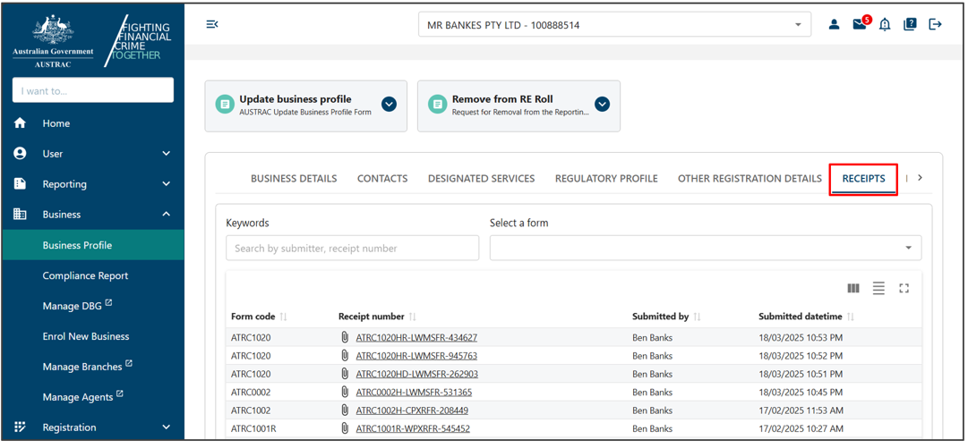 The Receipts tab in Business profile page