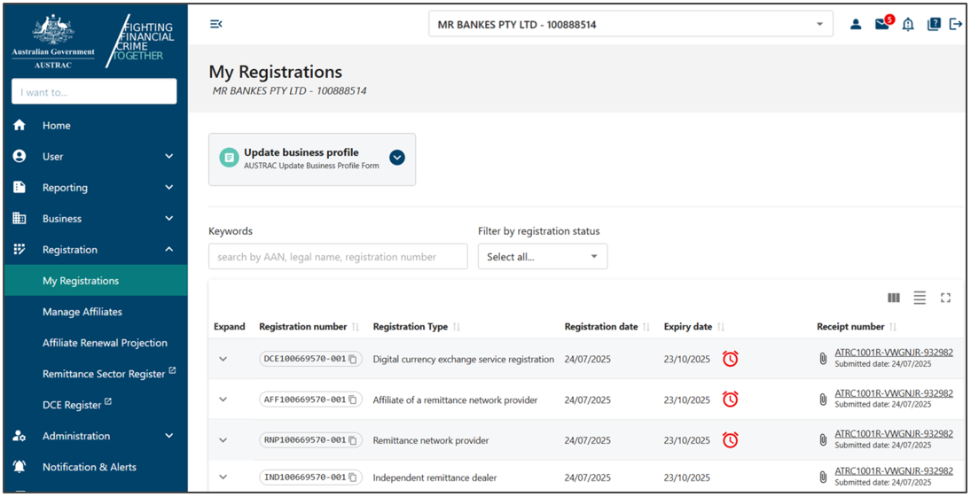 My registration page of AUSTRAC Online with a navigation menu on the left hand side, select business drop down box on the top, and registrations listed in a table