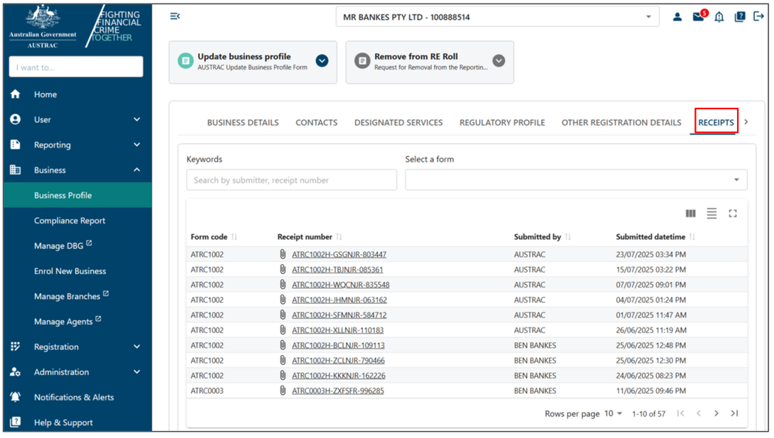 Receipts tab in the Business profile page
