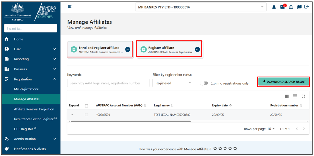 Manage affiliates page, with Enrol and register affiliate form and Register affiliate form