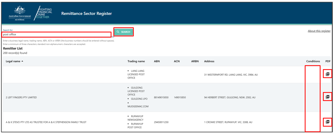Remittance sector register page with a search field, Search button, Remitter list underneath, with a Conditions column and a PDF column