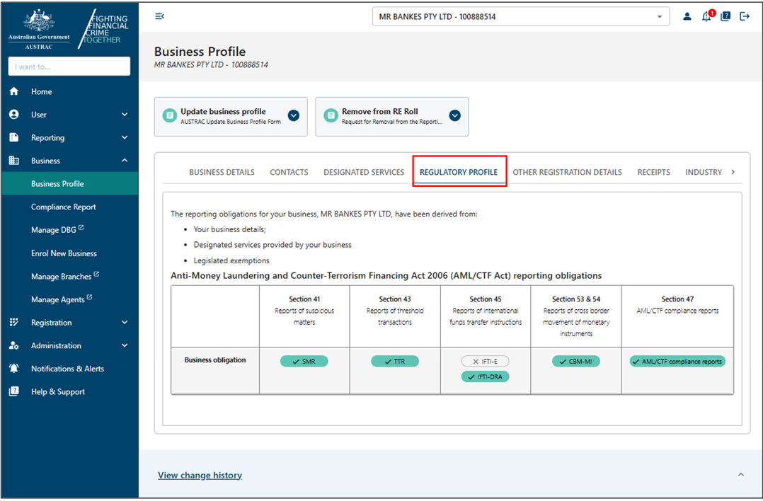 The Regulatory profile tab in Business profile page 