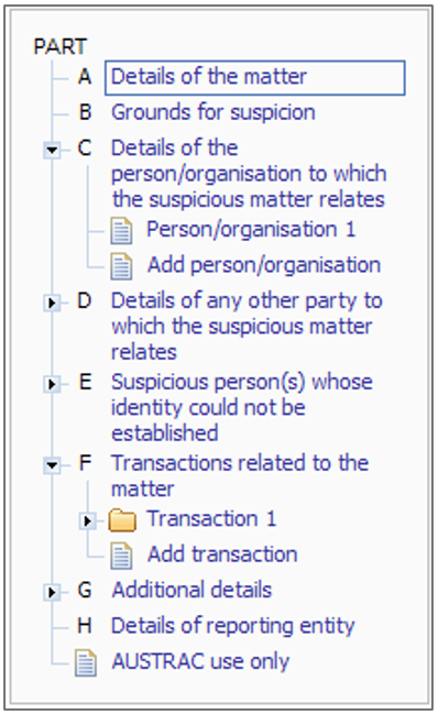 A menu listing part A to H in a report