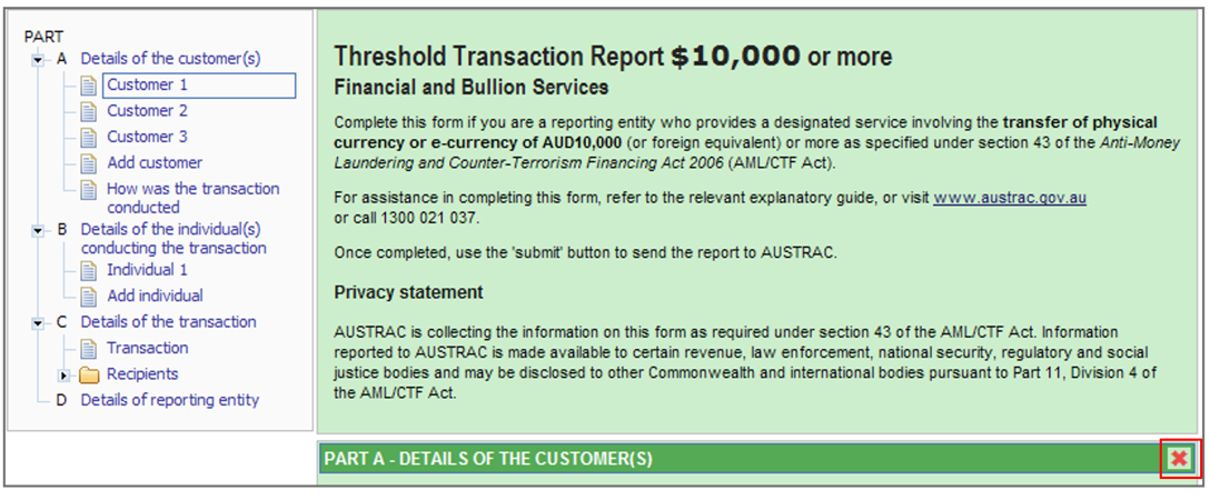 A red cross delete icon in Customer 1 under Part A Details of the customers