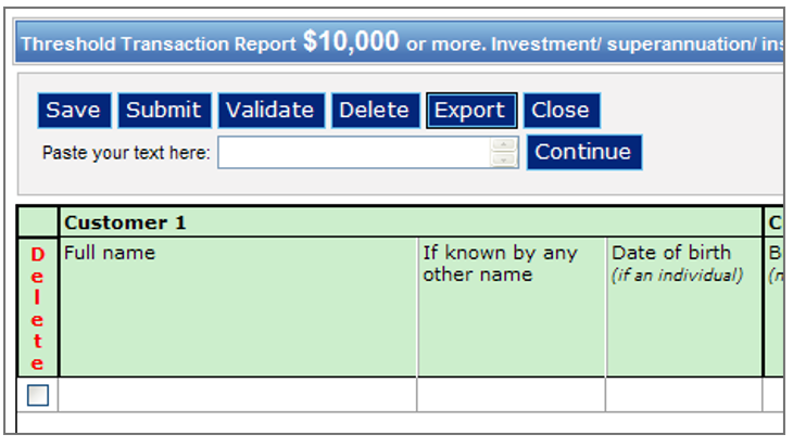 Paste your text here” field and continue button in AUSTRAC Online