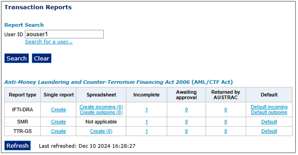 In Transaction Reports page, a report search at the top, and a table of available report types underneath
