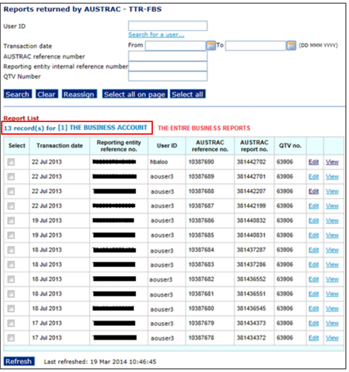 Reports returned by AUSTRAC – TTR-FBS page, showing a search section at the top, and a report list at the bottom, showing 13 records for the business account