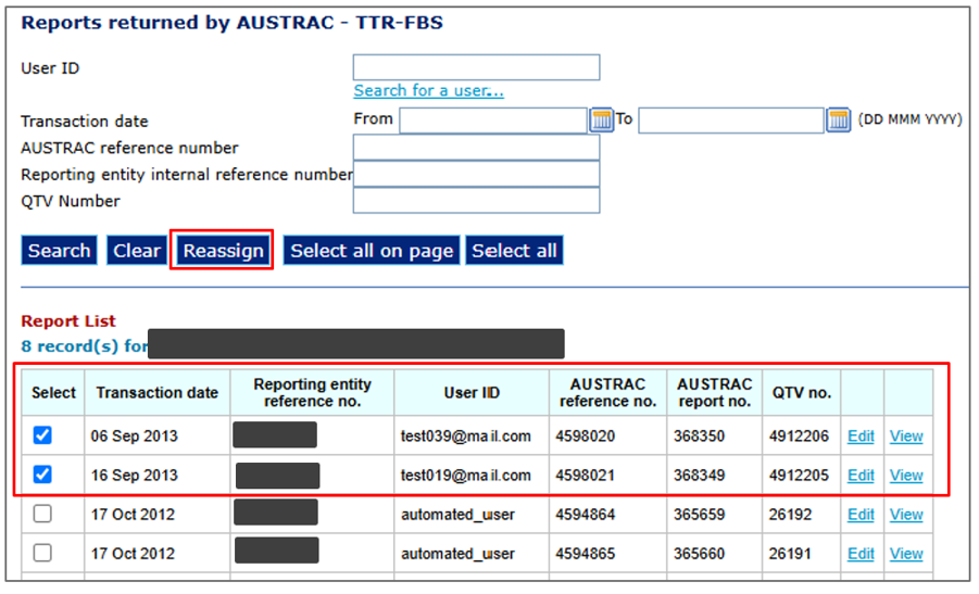 Reassign button, and 2 entries in the report list selected