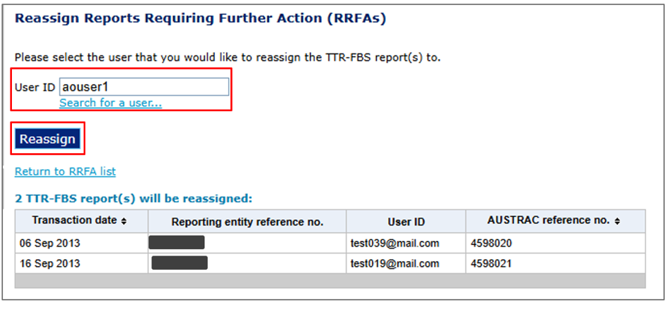 Reassign reports requiring further action (RRFAs) section, with a user ID field and a Reassign button