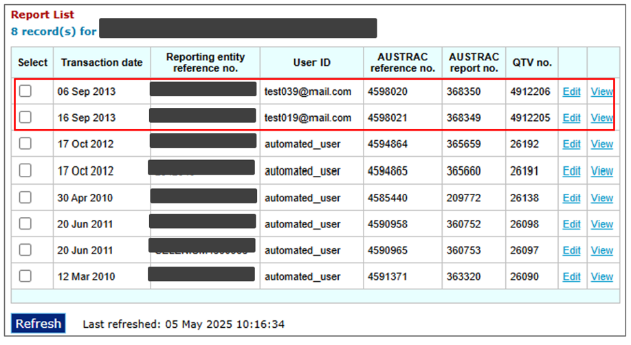 2 entries highlighted in the Report list