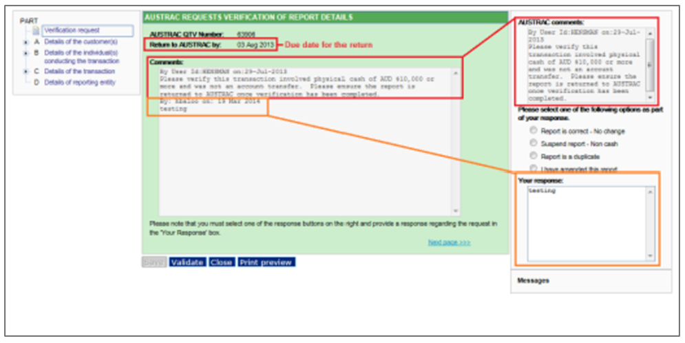 AUSTRAC requests verification of report details section, with a Return to AUSTRAC by date, and a comments section. The top part of the comment is displayed on the right as AUSTRAC comment, and the bottom as Your response