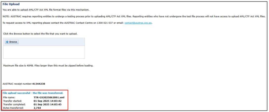 File upload page, showing file upload successful – the file was transferred at the bottom, with transfer details listed