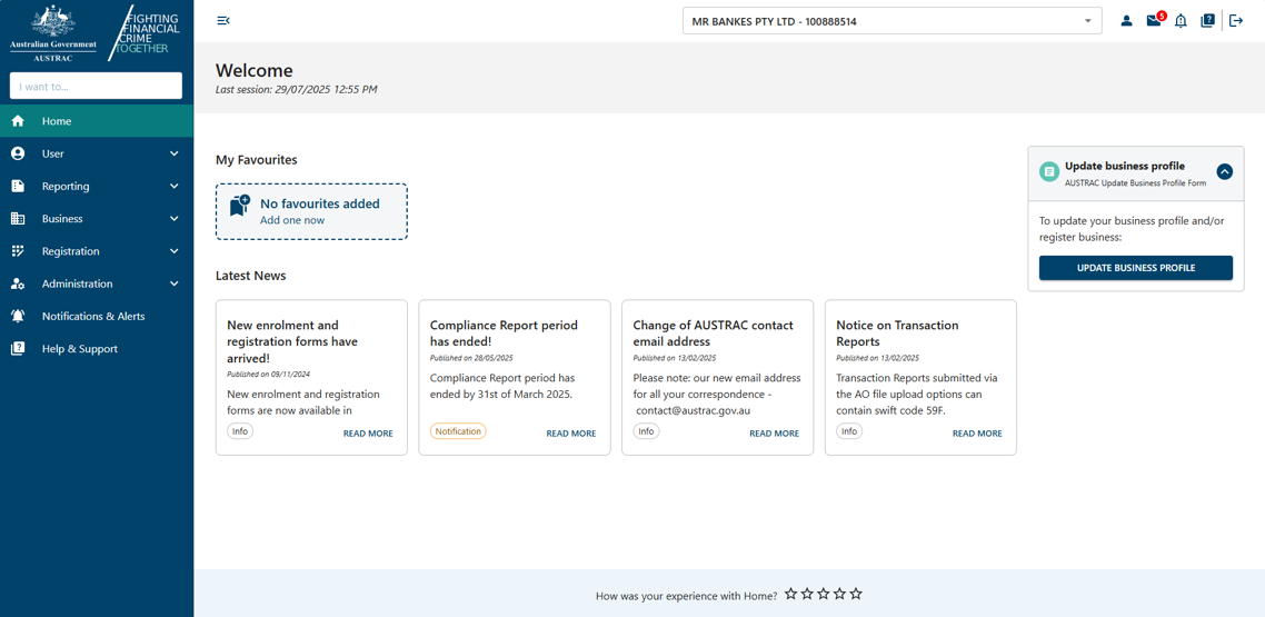 The home screen of AUSTRAC Online with a menu, select business drop down box on the top and a landing page 