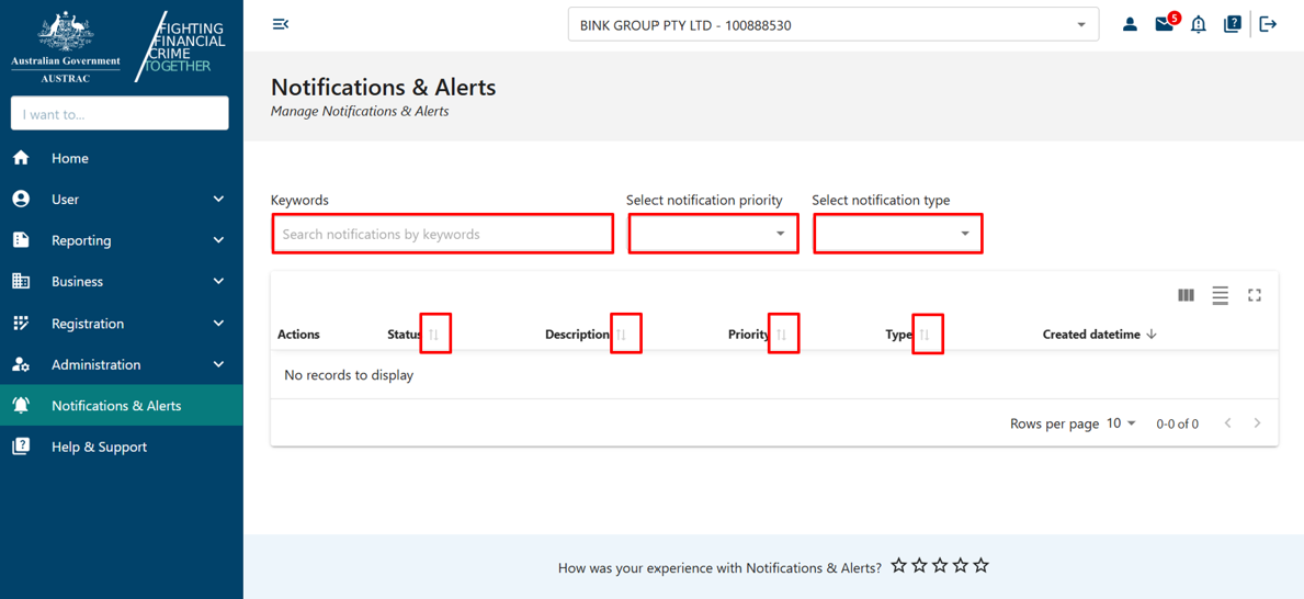 The filters and sorting icons on the Notification and alerts page 