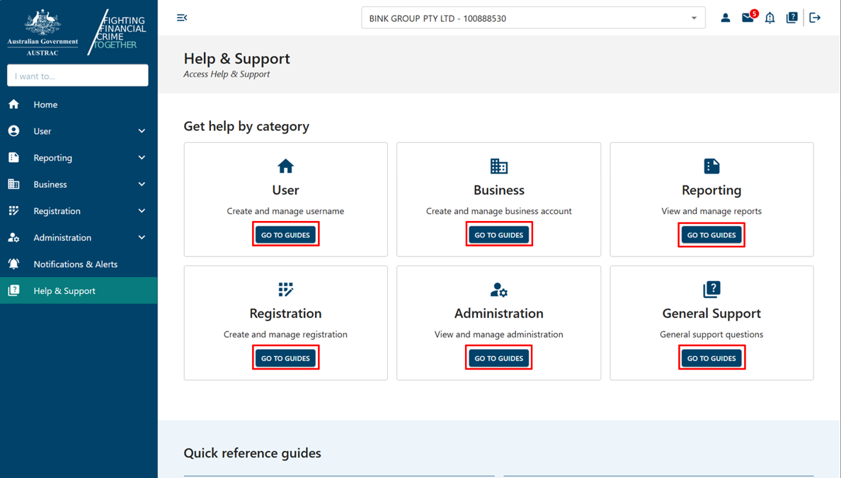 Go to guides buttons for each category of help guides 