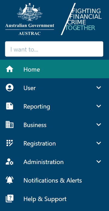The menu navigation with options for Home, User, Reporting, Business, Registration, Administration, Notifications and Alerts, and Help and Support 