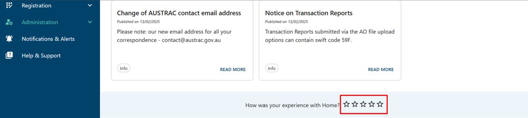 A 5 star rating scale at the bottom of the home page 