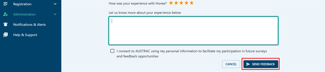 A comment box and ‘send feedback’ button under the 5 star rating scale 