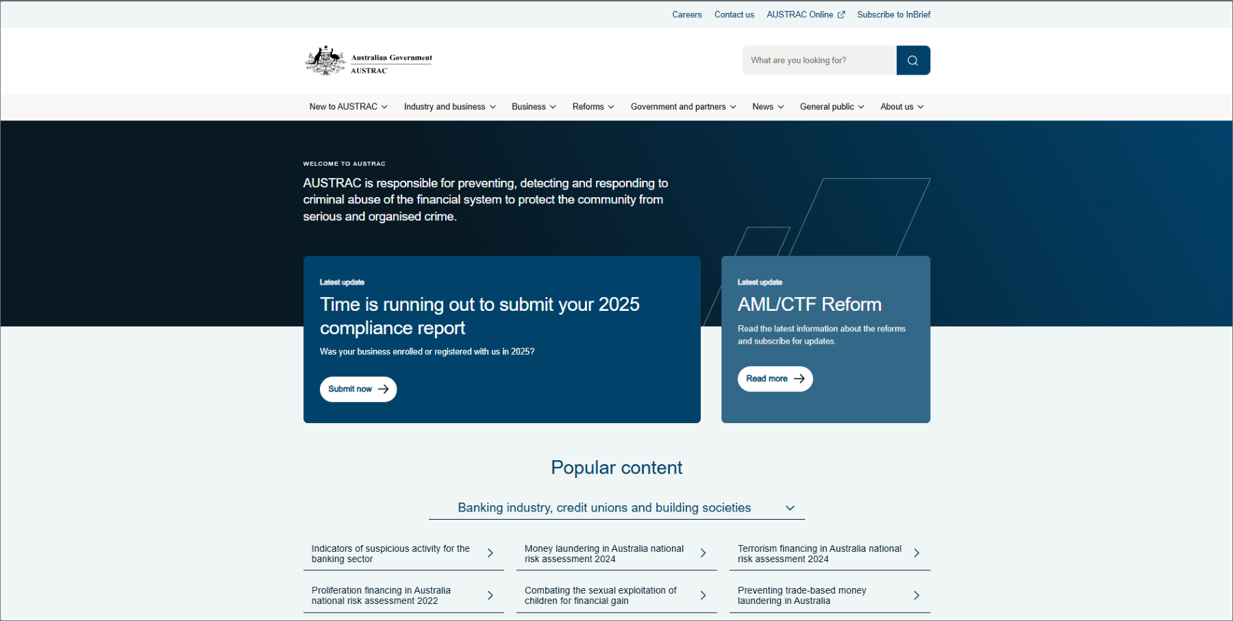 Screenshot of the updated AUSTRAC homepage showing a refreshed header with navigation and search bar, prominent latest updates banners with read more buttons and a “Popular content” section below. 