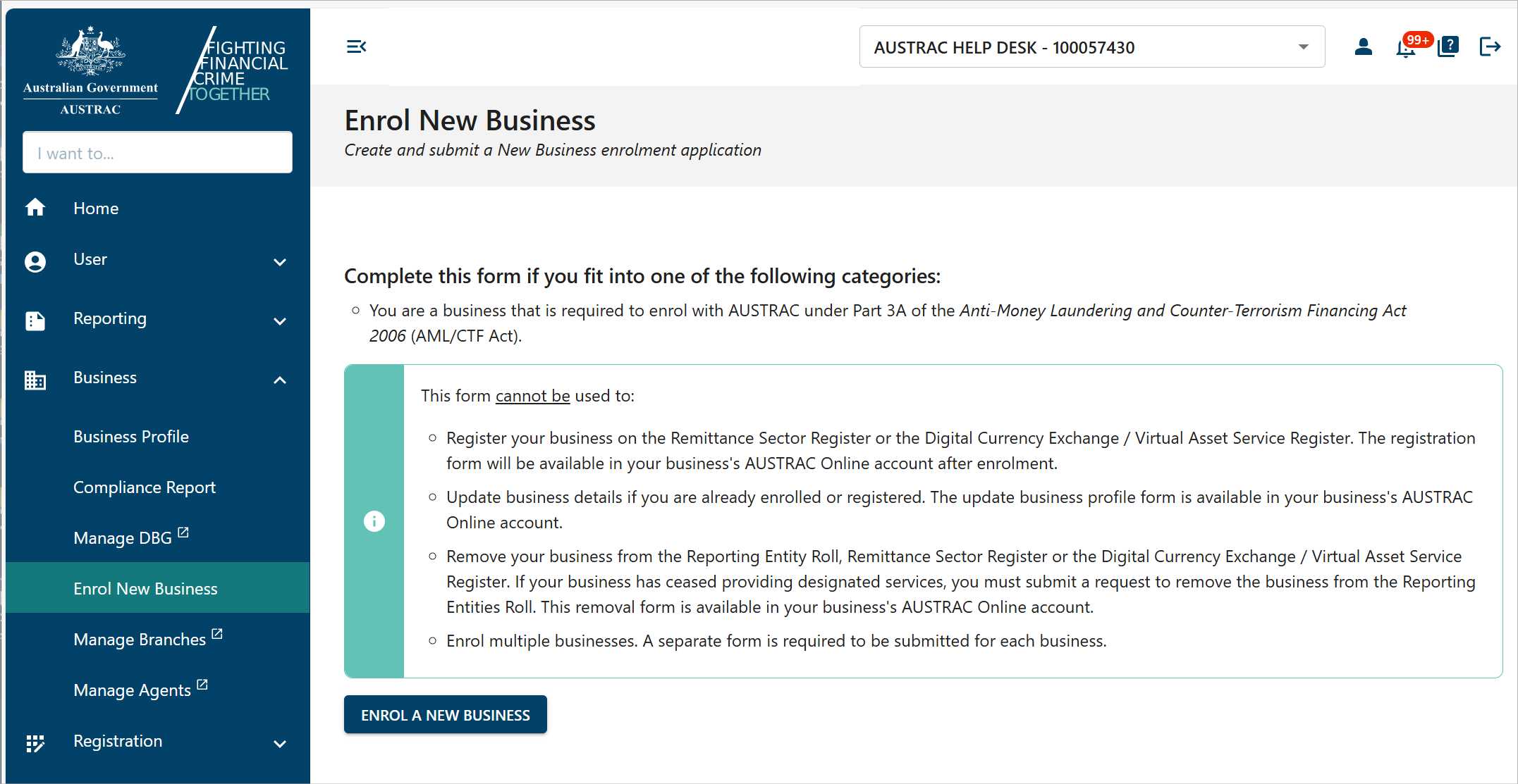 This screen explains how to use the form. Click on the button to start the process.