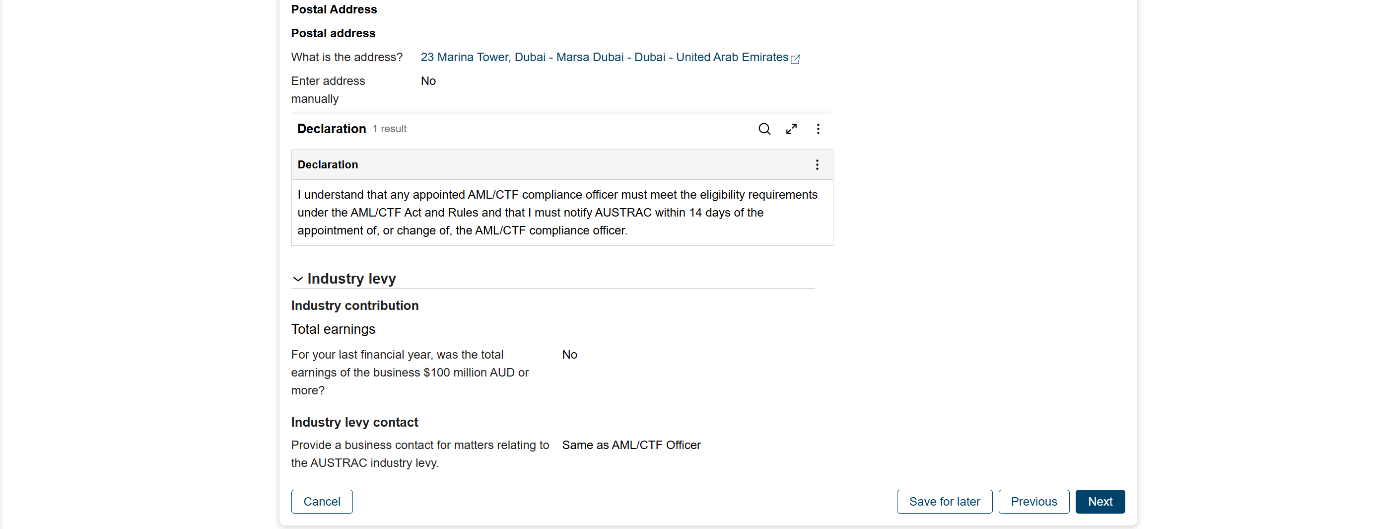 This screen shows the Summary, Review and industry contribution page.