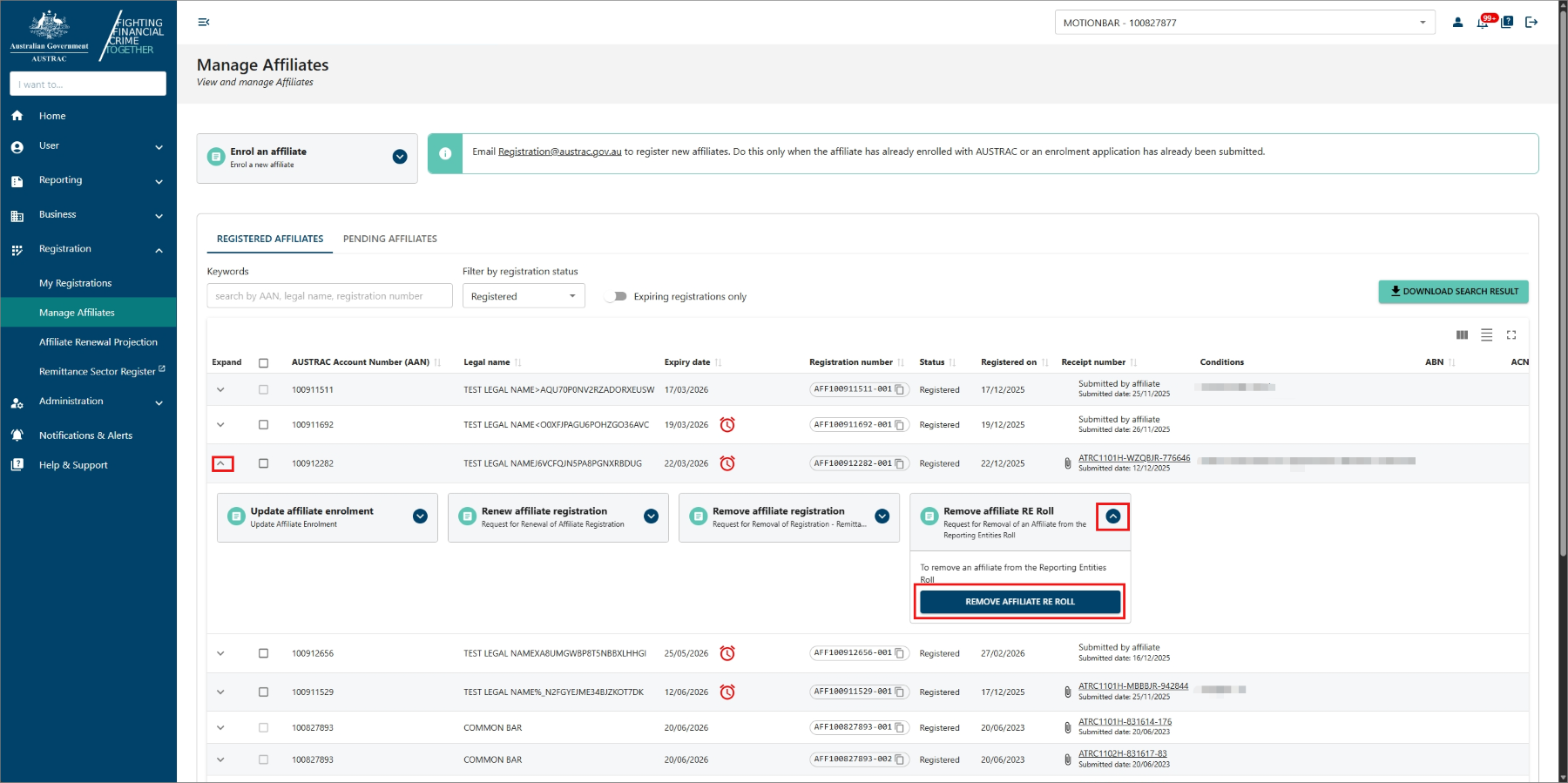 Affiliate enrolment   Affiliate update enrolment   Affiliate registration renewal   Affiliate registration removal   Affiliate removal from RE roll 