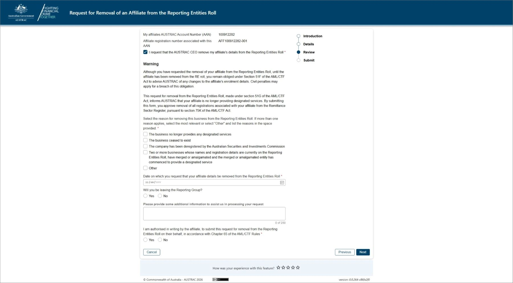 Affiliate enrolment   Affiliate update enrolment   Affiliate registration renewal   Affiliate registration removal   Affiliate removal from RE roll 