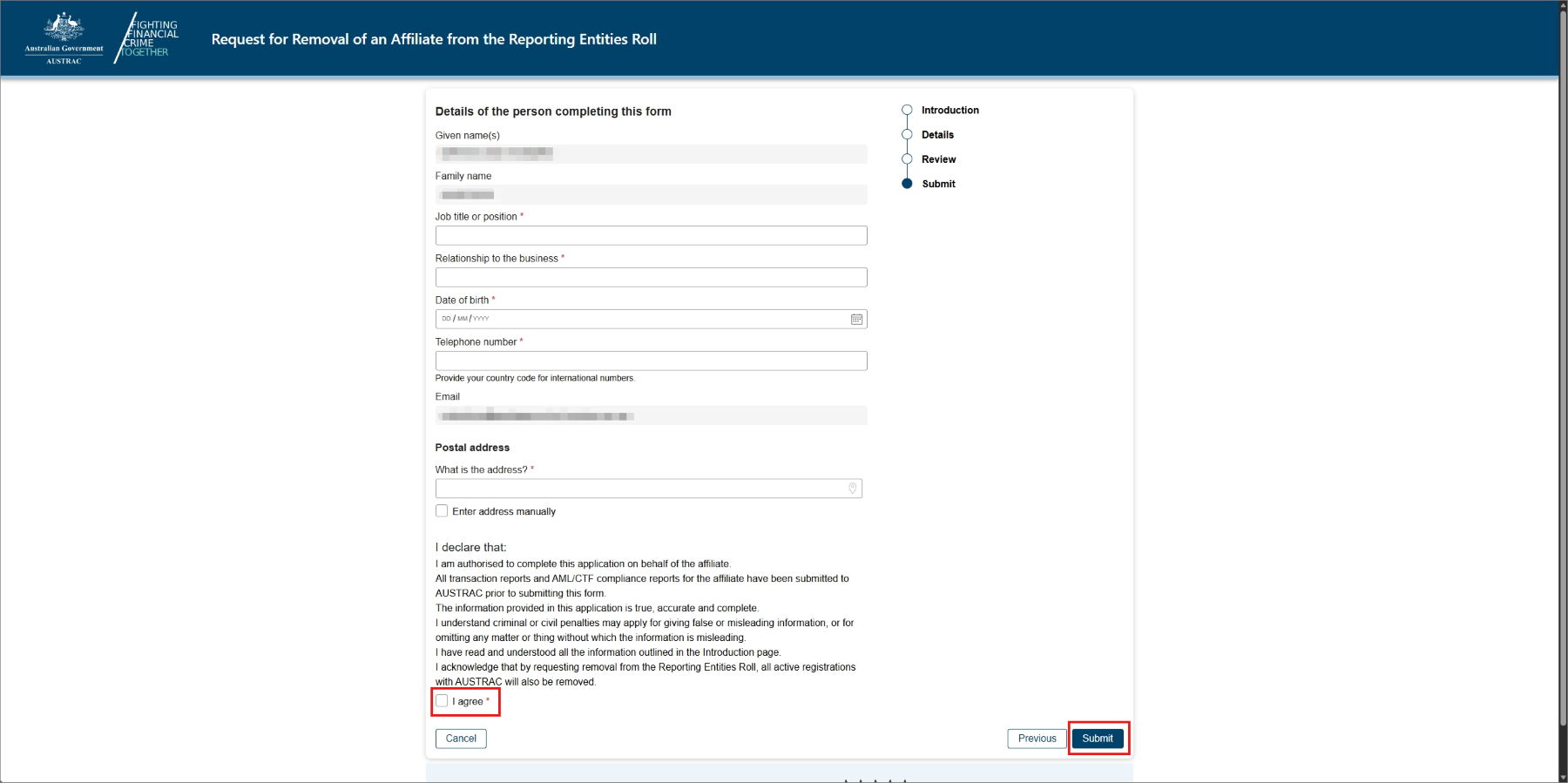 Affiliate enrolment   Affiliate update enrolment   Affiliate registration renewal   Affiliate registration removal   Affiliate removal from RE roll 