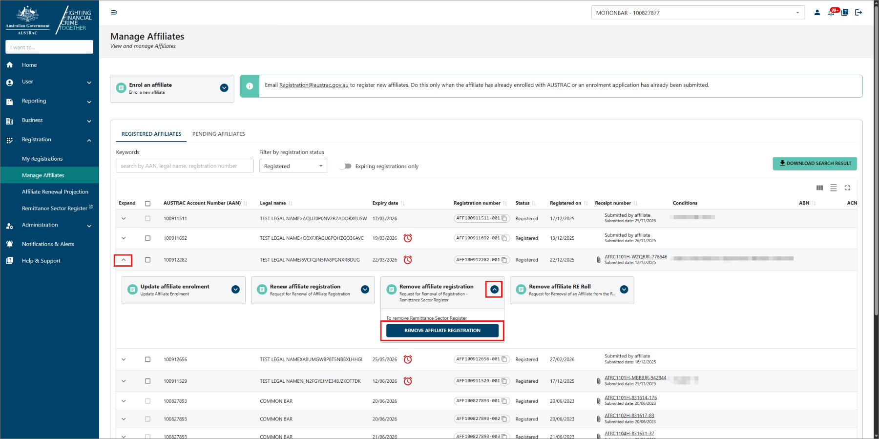 Affiliate enrolment   Affiliate update enrolment   Affiliate registration renewal   Affiliate registration removal   Affiliate removal from RE roll 