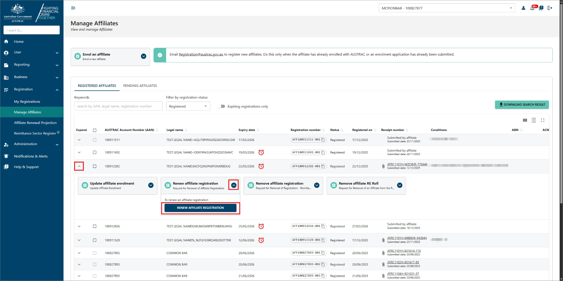 Affiliate registration removal   Affiliate removal from RE roll 