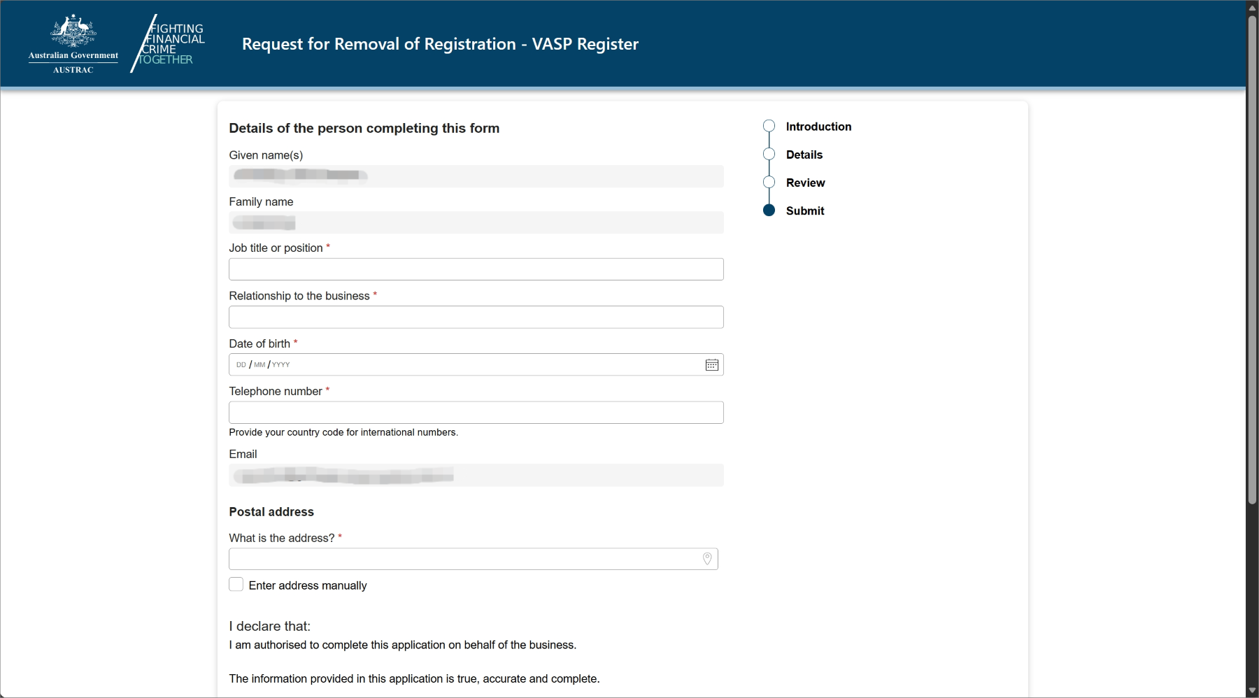 This screen shows the process to ask for removal from the AUSTRAC registers. 