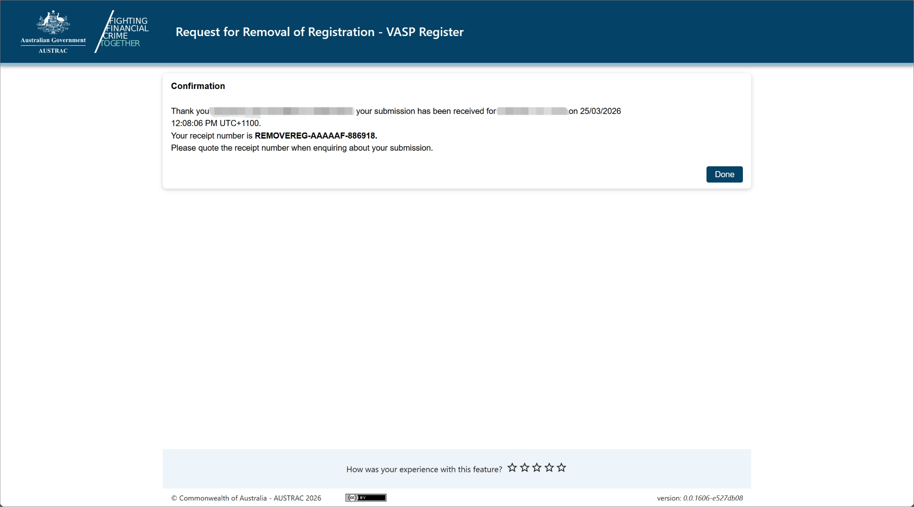 This screen shows the process to ask for removal from the AUSTRAC registers. 