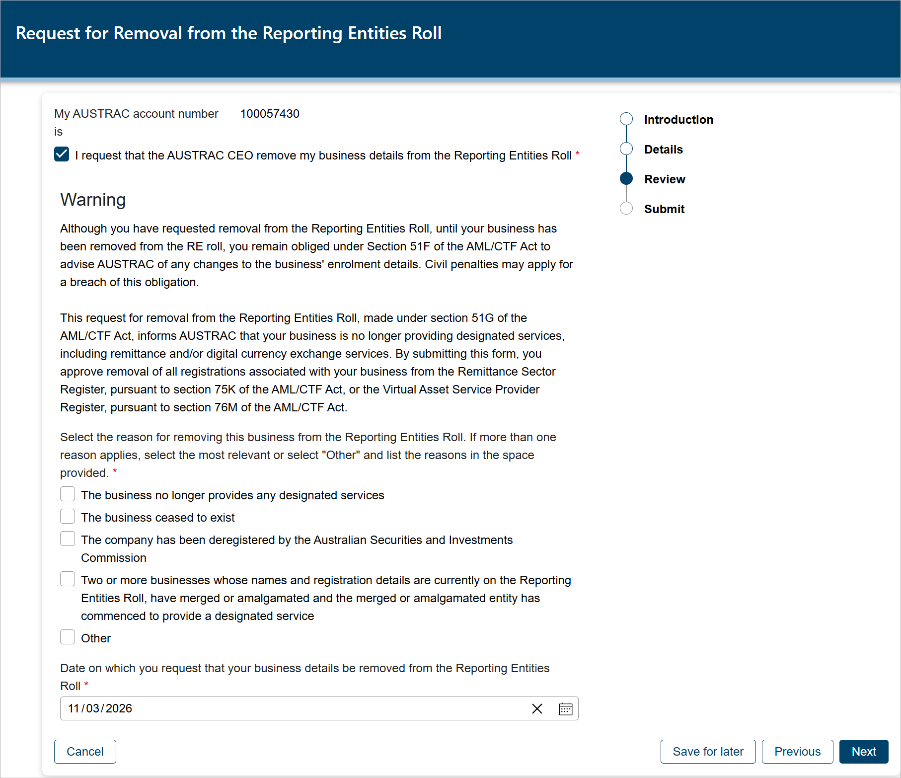 This screen shows the process to ask for removal from the AUSTRAC registers. 