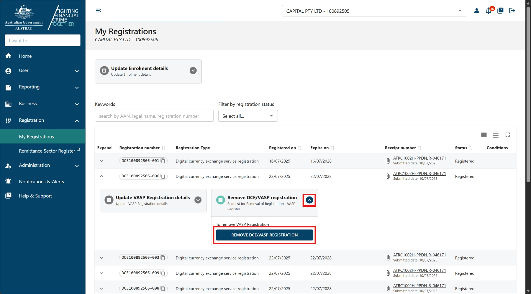 This screen shows the process to ask for removal from the AUSTRAC registers. 