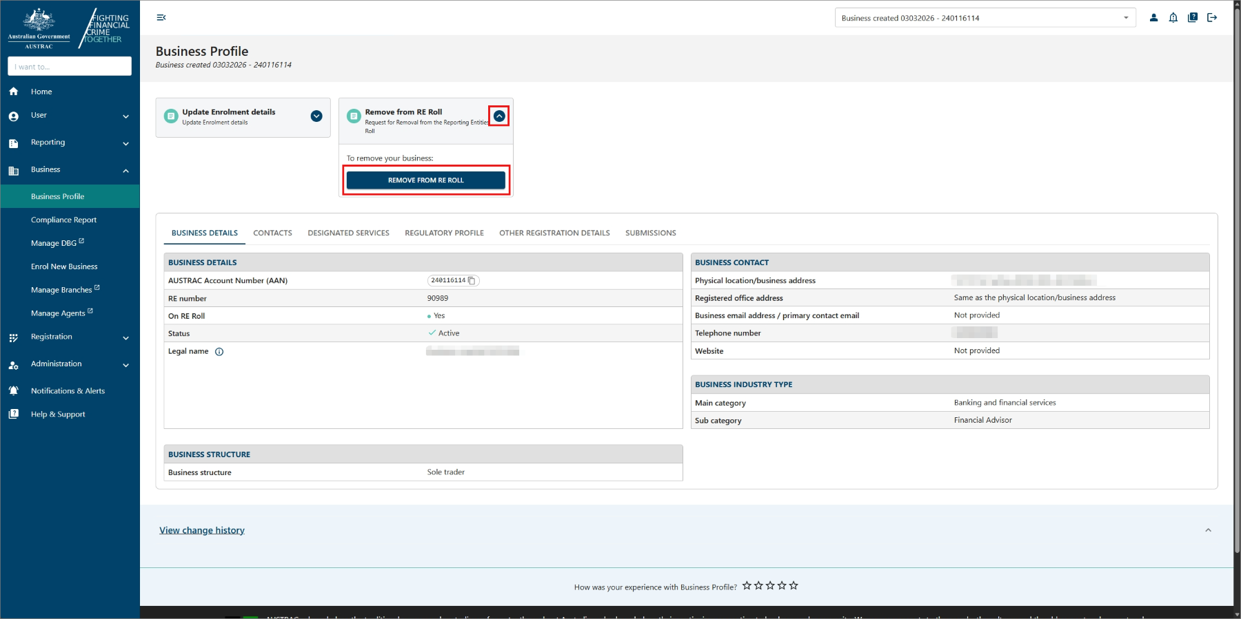 This screen shows how to request removal from the AUSTRAC roll. 