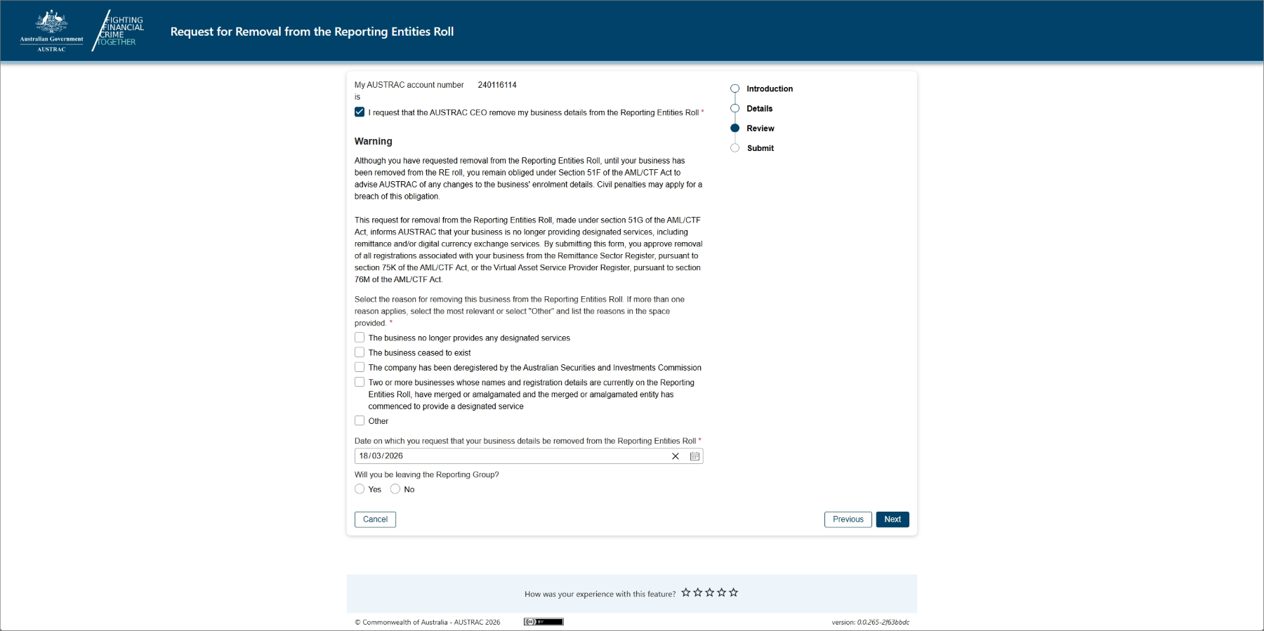 This screen shows how to request removal from the AUSTRAC roll. 