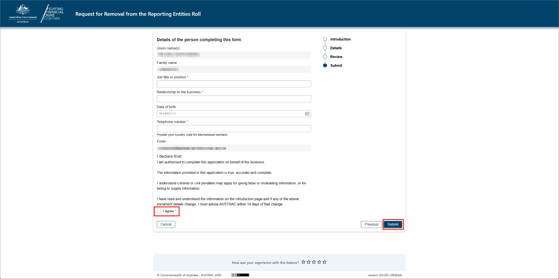 This screen shows how to request removal from the AUSTRAC roll. 