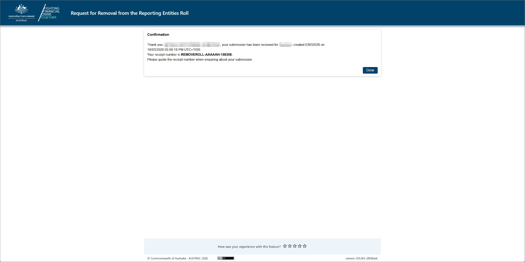 This screen shows how to request removal from the AUSTRAC roll. 