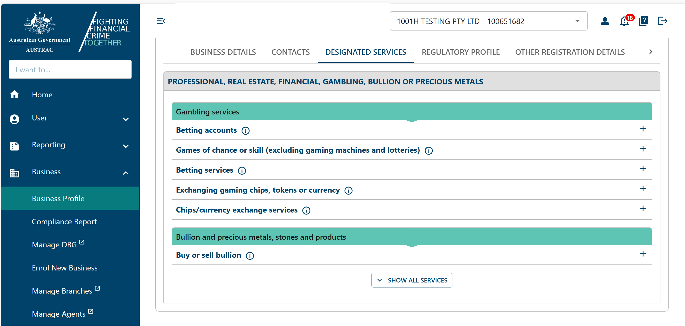 This Business Profile screen shows the options under the Designated Services tab for Professional, Real Estate, Financial, Gambling, Bullion or Precious Metals. 